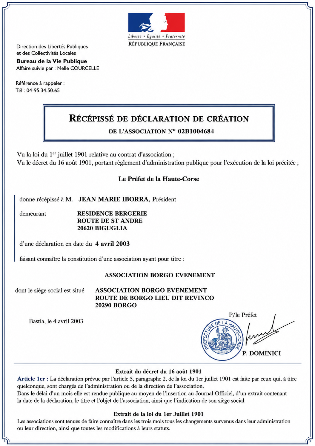 Récépissé officiel de création de Borgo Événement